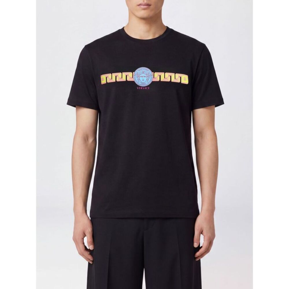 Versace Men Cotton T-Shirt Versace With Medusa Logo And Greca Pattern Print